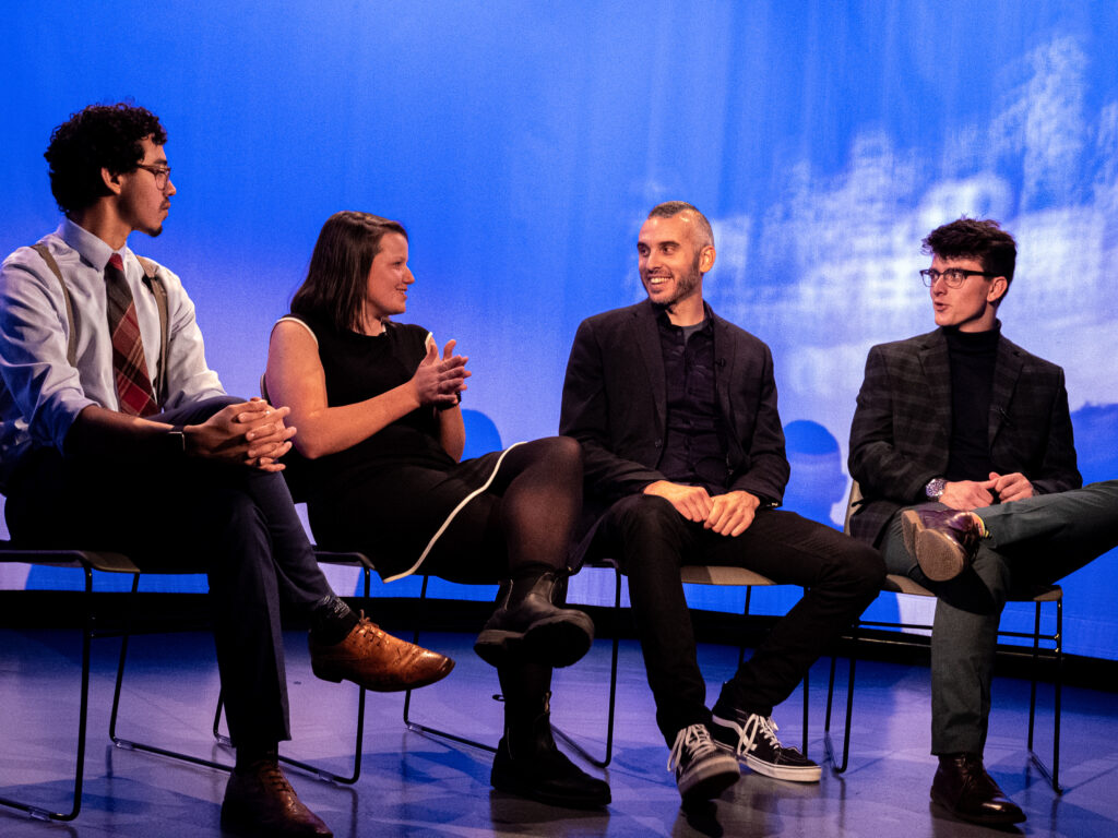 Ross Morin and his film crew on set at MNN Studios prepare for The Artists Forum's "Meet the Artists" interview (2019)