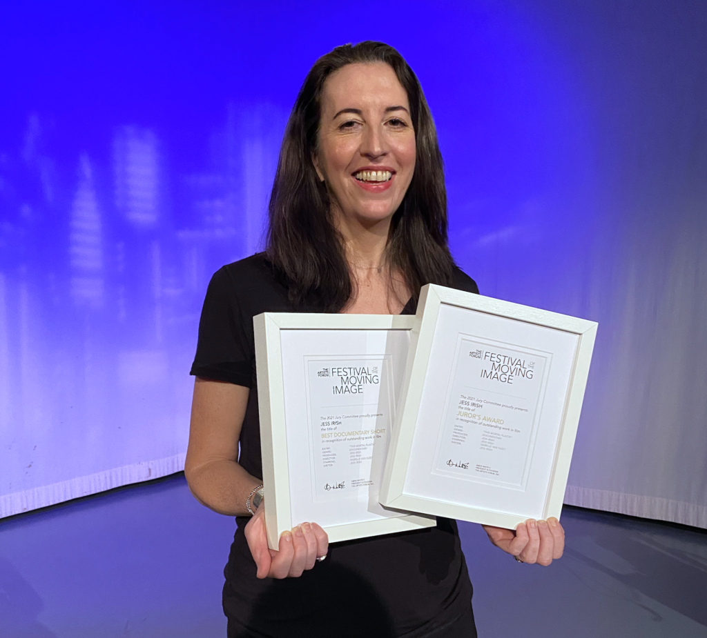 Filmmaker Jess Irish with her 2021 awards for "This Mortal Plastik"