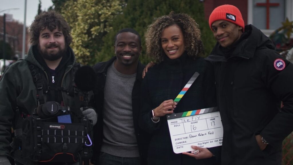 Rebecca L. Hargove (center right) on set of the short film, The Fix.